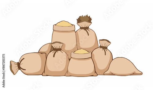 Cartoon rice bags vector illustration with sackful grain piles for agriculture and farming