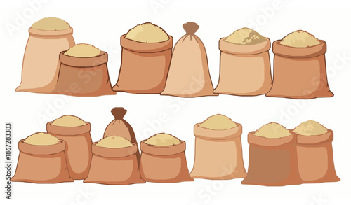 Rice sack agricultural vector set with cartoon grain bags isolated on white background