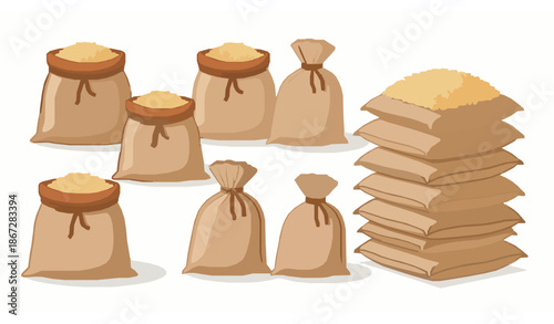 Cartoon rice grain sack vector illustration set for farming and agricultural design