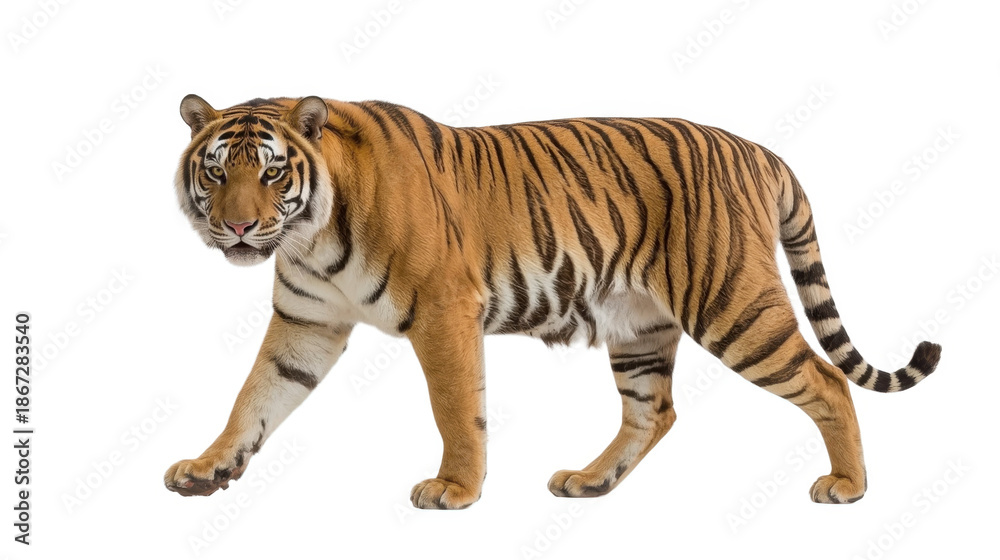 Obraz premium Elegant bengal tiger walking forward with vibrant orange and black stripes on white background with animal and wildlife and nature and mammal