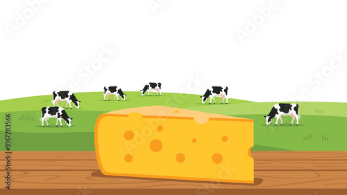 Large wedge of Swiss cheese with holes placed on a wooden table, overlooking cows grazing peacefully in a green pasture.