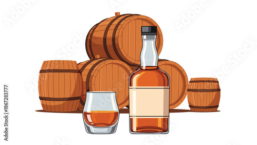 Bottle of premium whiskey or cognac with a glass of amber liquid, surrounded by traditional wooden barrels.