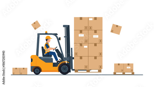 Forklift operator transporting a tall stack of cardboard boxes on a pallet within a busy warehouse or distribution center.