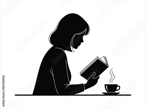 Silhouette of a woman engrossed in a book with a hot drink, enjoying a peaceful moment of solitude