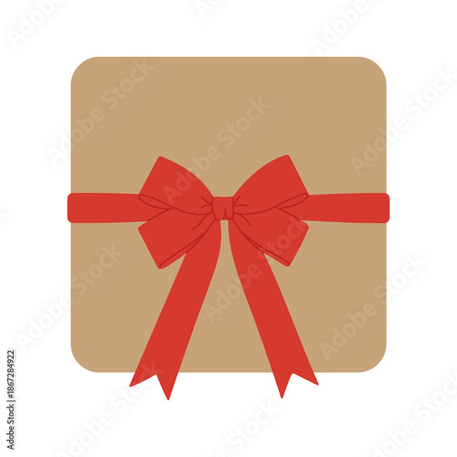 Minimal gift box with red ribbon and bow. Cute flat illustration for Valentine, birthday, holiday packaging, greeting card, banner and celebration design.