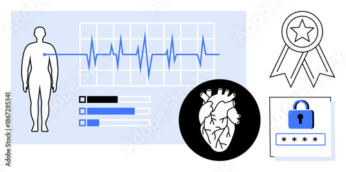 Healthcare, cardiology, data protection, biometric technology, cyber security, digital health. Human body, heartbeat graph heart icon security lock and digital ribbon. Healthcare and cardiology