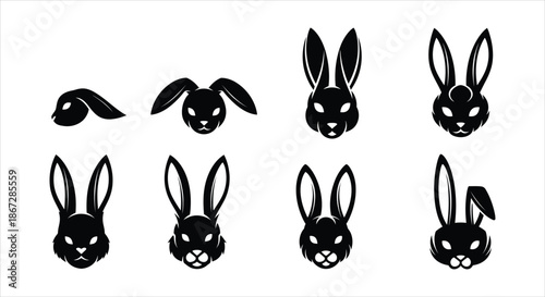 Collection of Black and White Rabbit Head Icons in Various Poses