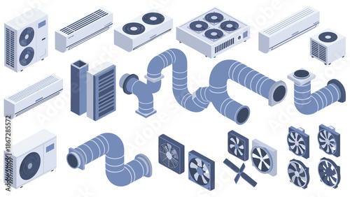 Comprehensive set of isometric HVAC equipment and ventilation components including air conditioners, fans, and various ductwork shapes, illustrating climate control systems.