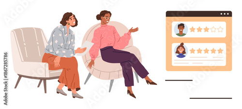 Online reviews, customer feedback, collaboration, product ratings, consumer experience, critique. Two women seated, one with a tablet discussing an online ratings interface. Online reviews