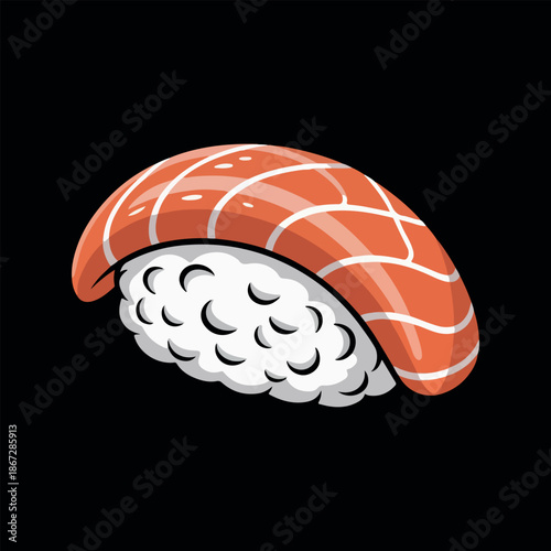 Salmon Nigiri Sushi Illustration - Clean Cartoon Style Vector Icon on Black. Minimalist Salmon Sushi Piece - Vibrant Flat Art Illustration. Bold Cartoon Sushi Nigiri Icon - Japanese Food Graphic. 