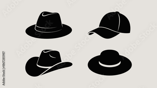 a simple graphic presentation displays four distinct silhouettes of hats including a fedora baseball cap cowboy hat and a wide brimmed sun hat high quality professional