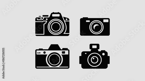 a minimalistic representation showcases four distinct black silhouettes of vintage and modern camera designs against a pale gray backdrop high quality professional detailed elegant stylish clean