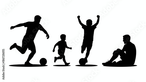 a silhouette depiction of family progression through stages of life playing soccer with a father son and child high quality professional detailed modern elegant stylish clean