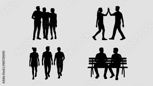 a collection of black silhouettes depicts various groups of people interacting walking and resting in public spaces showcasing human connection high quality professional detailed modern elegant