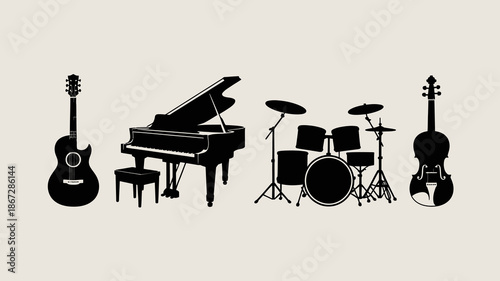 a silhouette illustration depicts a collection of musical instruments including an acoustic guitar piano drum set and violin representing music high quality professional detailed modern elegant