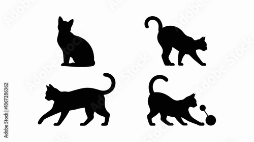 A minimalist depiction showcases four black cat silhouettes in various poses including sitting walking and stalking against a white background high quality professional detailed modern elegant