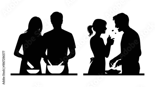 a simple black silhouette illustration depicts four individuals interacting in a kitchen setting seemingly engaged in cooking and conversation high quality professional detailed modern elegant stylish