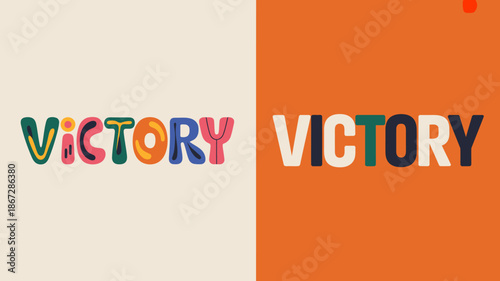 the image showcases the word victory displayed twice once with a colorful illustrative font and again with a bold solid typeface high quality professional detailed modern