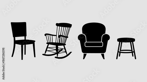 a simple black and white illustration showcases a variety of seating options including chairs a rocking chair and a stool high quality professional detailed modern elegant