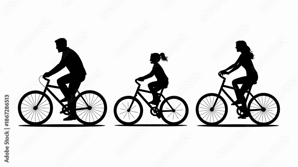 Obraz premium a silhouette illustration depicts a family enjoying a leisurely bike ride together on three separate bicycles showcasing a joyful outdoor activity high quality professional detailed modern