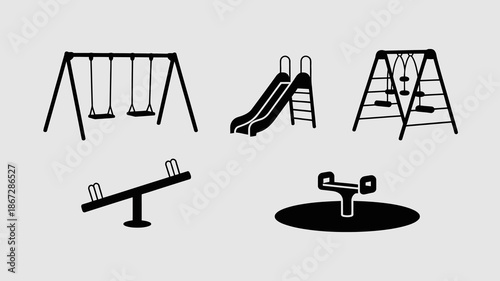 a minimalist depiction of a playground with swings a slide a seesaw climbing frames and a roundabout all in black silhouettes high quality professional detailed modern
