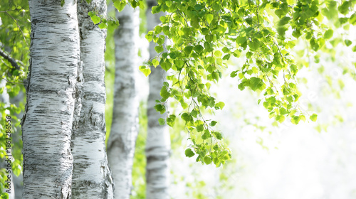 白樺の木と爽やかな緑の葉の自然背景
