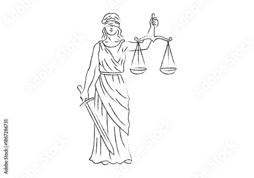 Diosa temis de la justicia con los ojos vendados sosteniendo una balanza y una espada en dibujo lineal negro de pincel