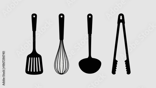 a minimalist graphic depiction showcases four distinct black kitchen utensils arranged in a row against a neutral gray background high quality professional detailed modern elegant stylish