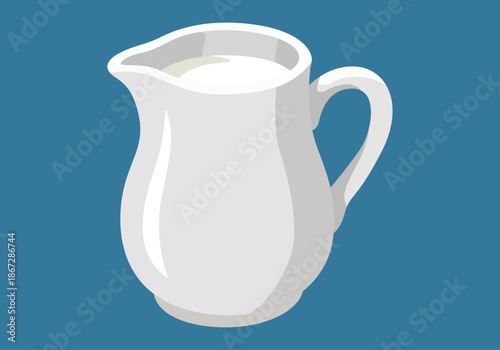 Jarra de cerámica blanca llena de leche fresca aislada sobre un fondo azul sólido