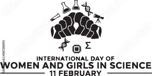 Black and white vector illustration of women with science icons for February 11 global celebration