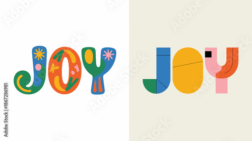 a vibrant visual depiction showcases the word joy rendered in bold colorful typography presented twice with slight variations in style and color palettes high quality professional