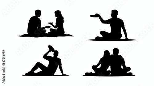 a collection of minimalistic silhouettes depicting people in various relaxed poses including enjoying a picnic lounging and connecting with one another high quality professional detailed modern