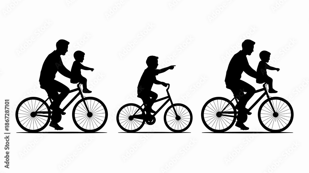 Obraz premium a silhouette depiction showcases a family enjoying a leisurely bicycle ride together with a father and child on each bike creating a heartwarming scene high quality