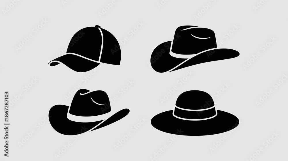© Roxxxxxxxxx - A simple minimalist graphic showcases a collection of diverse hat silhouettes against a light gray background depicting headwear styles high quality professional detailed modern elegant stylish