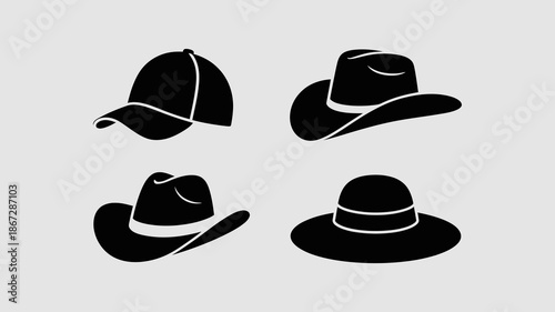 A simple minimalist graphic showcases a collection of diverse hat silhouettes against a light gray background depicting headwear styles high quality professional detailed modern elegant stylish