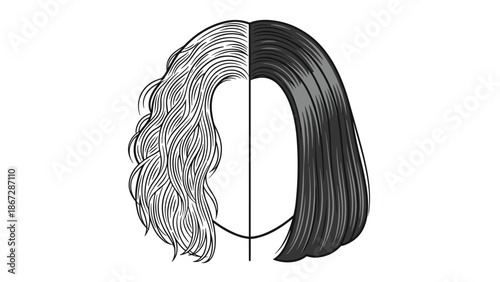 Monochrome split image depicting a woman's head, contrasting wild, curly, unstyled hair on one side with sleek, smooth, perfectly styled hair on the other, symbolizing hair styling results.