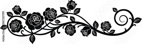 Black rose vine flourish with leaves and swirls flower