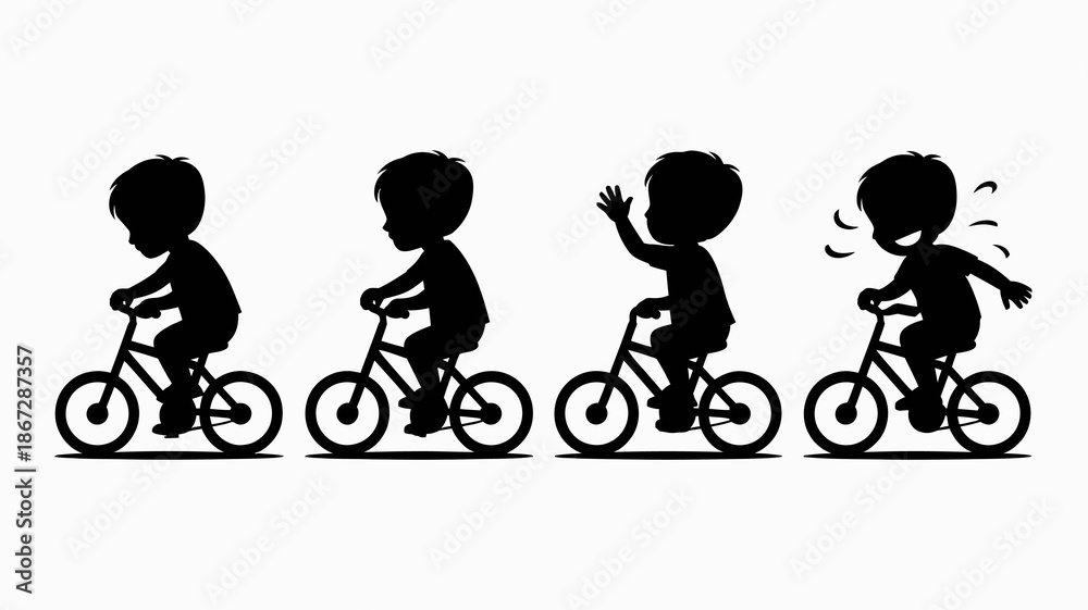 Obraz premium a series of four silhouette images depicts a young boy riding a bicycle through various stages of motion and activity high quality professional detailed modern elegant