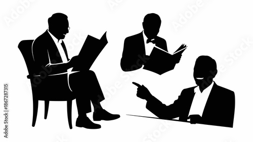 a minimalistic depiction of three silhouetted figures engaged in a business discussion showcasing a formal setting with professional attire and gestures high quality detailed modern elegant