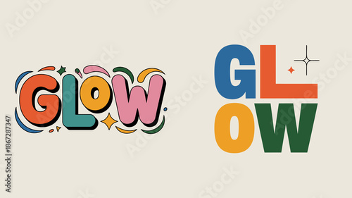 the image showcases a vibrant and playful typographic design featuring the word glow presented in two distinct and colorful arrangements high quality professional detailed modern elegant