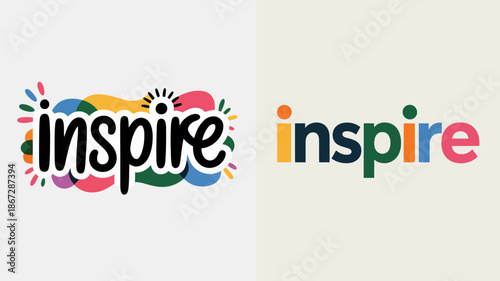 This image displays the word inspire presented in two distinct visual styles one with colorful watercolor splatters and the other with a modern gradient high quality
