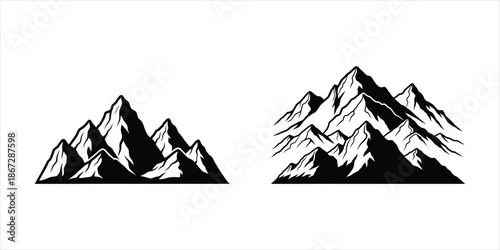 Set of black and white mountain range illustrations