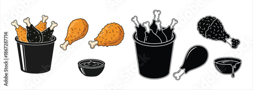 Vector Set Illustrating Crispy Fried Chicken Meals and Appetizing Dipping Sauces