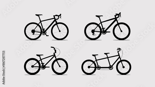 a minimalist depiction showcases four silhouetted bicycles of varying styles including road mountain and classic designs against a neutral backdrop high quality professional detailed modern elegant