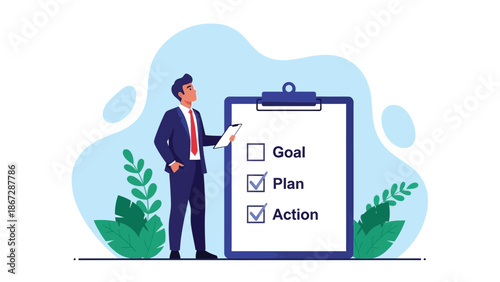 Business Leader With Clipboard Guides Goals, Plans, and Actions on a Large Checklist for Success