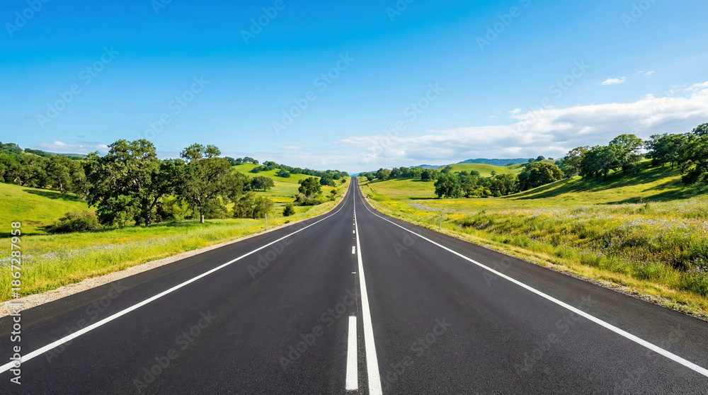 Fototapeta premium Scenic open road stretching into the horizon, flanked by vibrant green hills and lush trees under a clear blue sky.