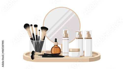 Collection of beauty and skincare products including makeup brushes, bottles, and jars arranged neatly on a tray with a mirror, ready for daily routine.