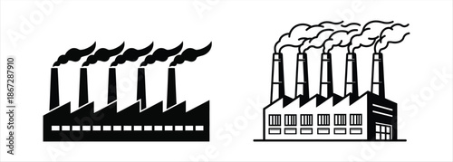 Vector illustrations of industrial factories with smoking chimneys, depicting manufacturing and pollution's impact