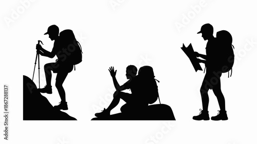 a silhouette depiction of three individuals engaged in a hiking activity showcasing one climbing one resting and another navigating a trail high quality professional detailed modern