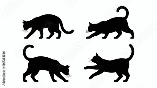 a collection of four black cat silhouettes displayed in various poses showcasing feline grace and movement on a white background high quality professional detailed modern elegant